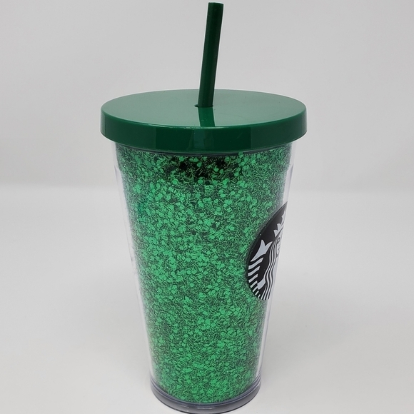 STARBUCKS GREEN GLITTER GRANDE ICED COFFEE COLD BEVERAGE TUMBLER 2018 HOLIDAY - Picture 5 of 13